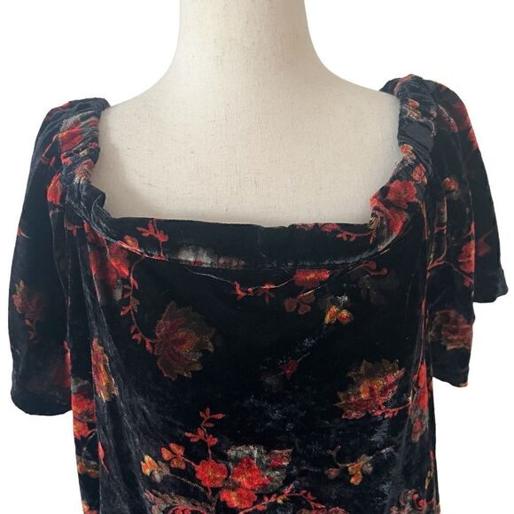 Loft Velvet On/Off the Shoulder Short Sleeve Floral Top Black Gold Orange LP - Picture 2 of 8